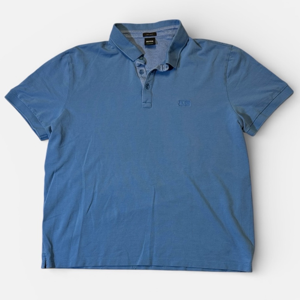 Hugo Boss mens 2XL XXL regular fit light blue pique cotton polo shirt EUC